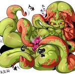  2014 anthro blush breasts cephalopod chubby marine nekubi nude octopus plain_background pussy sharp_teeth spread_pussy spreading teeth tentacles white_background yellow_eyes 