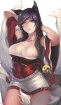  ahri animal_ears breasts cleavage cowboy_shot fox_ears fox_tail gloves highres korean_clothes large_breasts league_of_legends light_smile long_hair looking_at_viewer md5_mismatch multiple_tails pandea_work simple_background smile solo tail yellow_eyes 