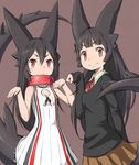  animal_ears bangs black_hair borrowed_character cleavage_cutout collar dress long_hair looking_at_viewer multiple_girls neck_ribbon original pose red_eyes ribbon skirt smile tail tayuura_(kuwo) tera-ko white_dress 