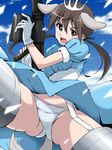  :o animal_ears blue_dress brown_eyes brown_hair cloud day dog_ears dog_tail dress gertrud_barkhorn gloves gun head_tilt holding holding_weapon long_hair looking_at_viewer navel open_mouth panties sky solo spread_legs strike_witches striker_unit tail tokiani twintails underwear upskirt weapon white_gloves white_panties world_witches_series 