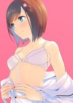 blue_eyes blush bob_cut bra breasts brown_hair cleavage flower hair_ornament hairclip looking_away open_clothes open_shirt original pink_background shirt short_hair small_breasts smile solo tatami_to_hinoki unbuttoned underwear undressing 