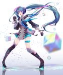  :d aqua_eyes aqua_hair belt black_legwear blue_hair blurry bracelet buttons contrapposto cube depth_of_field gloves hair_ornament hair_ribbon hatsune_miku holding holding_microphone hoshima jewelry leg_belt long_hair magical_mirai_(vocaloid) microphone motion_blur music open_mouth reflection ribbon singing smile solo standing thigh_strap thighhighs twintails v-shaped_eyebrows very_long_hair vocaloid 