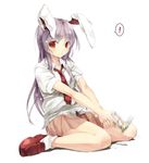  1girl animal_ears bunny_ears censored gorilla_(bun0615) gun handgun highres loafers long_hair looking_at_viewer lunatic_gun mosaic_censoring necktie pointless_censoring puffy_short_sleeves puffy_sleeves purple_hair red_eyes red_neckwear reisen_udongein_inaba shirt shoes short_sleeves sitting skirt solo spoken_exclamation_mark touhou v_arms very_long_hair wariza weapon 
