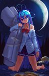  antenna_hair barefoot blue_eyes blue_hair blush crescent_moon denpa_onna_to_seishun_otoko doyora flying_saucer food futon grass kneeling long_hair moon night off_shoulder pizza pizza_box school_uniform skirt solo space_craft sparkle touwa_erio ufo very_long_hair 