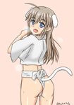  :d ahoge animal_ears ass blue_eyes blush cat_ears cat_tail from_behind fundoshi hachimitsu-b japanese_clothes light_brown_hair long_hair looking_back open_mouth pink_background simple_background smile solo sweatdrop tail twitter_username wilma_bishop world_witches_series yamakasa 