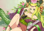  anklet bare_legs bare_shoulders barefoot blonde_hair breasts chinese_clothes cleavage collarbone green_eyes headdress henry_bird_9 jewelry large_breasts long_hair meimei_(p&amp;d) panties pantyshot puzzle_&amp;_dragons smile solo underwear 