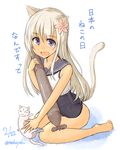  :d animal_ears bare_shoulders barefoot blonde_hair blue_eyes cat cat_ears cat_tail dated flower hair_flower hair_ornament kantai_collection kemonomimi_mode long_hair lowres mashayuki open_mouth ro-500_(kantai_collection) smile solid_circle_eyes tail translation_request twitter_username 