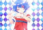 ahoge blue_hair cross_fight_b-daman emusa gesture hand_gesture male_focus one_eye_closed red_eyes ryuugazaki_kakeru smile solo 