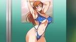  1girl aqua_eyes armpit armpits arms_behind_head arms_up artist_request blush breasts character_request cleavage curvy erect_nipples female gundam gundam_build_fighters gundam_build_fighters_try kamiki_mirai kunifuto large_breasts long_hair looking_at_viewer navel orange_hair smile solo swimsuit underboob wide_hips 