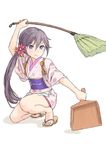  &gt;:( akebono_(kantai_collection) apron bell broom dustpan flower frown hair_bell hair_flower hair_ornament japanese_clothes jingle_bell kantai_collection kimono long_hair purple_eyes purple_hair side_ponytail solo taruya tasuki v-shaped_eyebrows yukata 