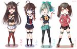  &gt;:o 4girls :o ;d ahoge bare_shoulders blue_eyes bow bowtie braid brown_hair character_name chibi elbow_gloves fingerless_gloves gloves green_hair hair_flaps hair_ornament hair_ribbon headgear hug kantai_collection kneehighs long_hair looking_at_viewer magatama midriff multiple_girls nagato_(kantai_collection) navel necktie nikkunemu one_eye_closed open_mouth pantyhose pleated_skirt ponytail red_eyes remodel_(kantai_collection) ribbon rin_yuu ryuujou_(kantai_collection) school_uniform serafuku shigure_(kantai_collection) shoes single_braid skirt smile squirrel thighhighs twintails twitter_username visor_cap yellow_eyes yuubari_(kantai_collection) 