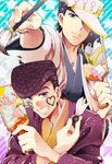  black_hair brush crazy_diamond hat higashikata_jousuke japanese_clothes jojo_no_kimyou_na_bouken kazumi_(uta915) kimono kuujou_joutarou male_focus multiple_boys new_year paddle pompadour purple_hair stand_(jojo) star_platinum 