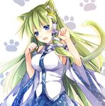  :d animal_ears blue_eyes cat_ears cat_tail detached_sleeves green_hair kemonomimi_mode kochiya_sanae long_hair looking_at_viewer mochizuki_shiina nontraditional_miko open_mouth paw_pose smile solo tail touhou very_long_hair 