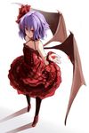  alternate_costume alternate_headwear bat_wings black_legwear bow dress fami_(yellow_skies) full_body gradient gradient_background hair_bow hair_ornament highres lavender_hair looking_at_viewer looking_up pantyhose petals red_dress red_eyes remilia_scarlet short_hair simple_background smile solo strapless strapless_dress touhou wings wrist_cuffs 