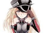  bare_shoulders bismarck_(kantai_collection) blonde_hair blue_eyes brown_gloves detached_sleeves gloves hat hat_over_one_eye hat_tip kantai_collection leaning_forward long_hair looking_at_viewer military military_hat military_uniform peaked_cap qunqing simple_background smile solo uniform upper_body white_background 