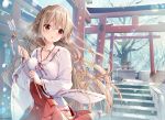  aliasing animal blush braids breasts brown_hair cat cleavage japanese_clothes long_hair miko original red_eyes snow sousouman stairs torii tree watermark 