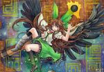  arm_cannon bird_wings black_wings brown_hair cape energy_ball hair_bun jacket long_hair mismatched_footwear mosho one_eye_closed open_clothes open_mouth paint_(medium) pink_eyes reiuji_utsuho shirt skirt smile solo third_eye touhou traditional_media very_long_hair weapon wings 