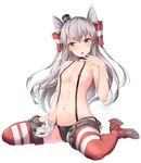  amatsukaze_(kantai_collection) awa_yume black_panties breasts gloves hair_tubes jacket kantai_collection long_hair open_clothes open_mouth panties red_legwear side-tie_panties silver_hair single_glove sitting small_breasts solo striped striped_legwear suspenders underwear very_long_hair wariza white_gloves yellow_eyes 