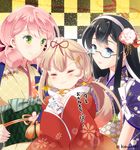  :3 =_= akashi_(kantai_collection) blonde_hair blue_eyes checkered checkered_background glasses green_eyes hair_flaps hair_ornament hair_ribbon hairband hairclip japanese_clothes kantai_collection kimono kokuro long_hair multiple_girls obi ooyodo_(kantai_collection) petting pink_hair remodel_(kantai_collection) ribbon sash scarf sidelocks tasuki translated white_scarf yuudachi_(kantai_collection) 