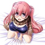  competition_school_swimsuit glasses log-mi_(tonpuu) long_hair one-piece_swimsuit original pink_hair plaid plaid_scarf purple_eyes red-framed_eyewear scarf school_swimsuit solo swimsuit tonpuu twintails 