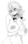  bad_id bad_pixiv_id blush braid breasts greyscale hair_ribbon highres huge_breasts izayoi_sakuya long_hair monochrome navel nipples nude ribbon ribbon_trim solo touhou traces 