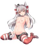  amatsukaze_(kantai_collection) awa_yume black_panties breasts gloves hair_tubes jacket kantai_collection long_hair nipples open_clothes open_mouth panties red_legwear side-tie_panties silver_hair single_glove sitting small_breasts solo striped striped_legwear topless underwear very_long_hair wariza white_gloves yellow_eyes 