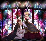  1girl beatrice blonde_hair blue_eyes bow breasts cape choker cleavage crown dress flower grey_eyes hair_bun hair_flower hair_ornament hand_kiss kiss large_breasts md5_mismatch necktie one_knee pink_bow red_hair smile sousui_hani stained_glass umineko_no_naku_koro_ni ushiromiya_battler 