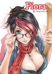  1girl adjusting_glasses black-framed_glasses black_bra black_hair blue_eyes blue_shirt bra breasts cleavage eyelashes female fingernails fiora_laurent glasses hair_over_one_eye holding large_breasts league_of_legends looking_at_viewer looking_up multicolored_hair nail_polish one_eye_closed pendant red_hair scarf shirt solo tongue tongue_out two-tone_hair underwear upper_body wink 