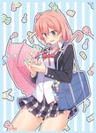  bag blush candy food hair_bun highres outline pink_hair racer_(magnet) school_bag school_uniform short_hair skirt solo striped striped_background umbrella yahari_ore_no_seishun_lovecome_wa_machigatteiru. yuigahama_yui 