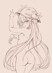  ass blush breasts food from_behind fruit hat hinanawi_tenshi kiyama_satoshi long_hair looking_at_viewer looking_back monochrome nipples nude peach pout sketch small_breasts solo tears touhou 