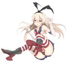  black_panties blonde_hair blue_skirt ddd elbow_gloves gloves hairband highres kantai_collection long_hair looking_at_viewer panties shimakaze_(kantai_collection) simple_background skirt solo striped striped_legwear thighhighs torn_clothes torn_legwear underwear white_background white_gloves yellow_eyes 