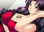  1girl black_package breasts cleavage game_cg huge_breasts long_hair mole money purple_hair 