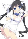  barefoot black_hair blue_eyes blue_ribbon breasts cleavage clenched_teeth covered_navel dungeon_ni_deai_wo_motomeru_no_wa_machigatteiru_darou_ka finger_in_mouth gloves hair_ribbon hestia_(danmachi) large_breasts long_hair looking_at_viewer matsuda98 miswak mouth_pull rei_no_himo ribbon simple_background solo teeth twintails twitter_username very_long_hair white_background white_gloves 