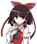 :/ alternate_hair_length alternate_hairstyle bangs bare_shoulders black_hair blunt_bangs blush bob_cut bow breasts commentary_request detached_sleeves hair_bow hair_ribbon hair_tubes hakurei_reimu highres holding homco japanese_clothes looking_at_viewer miko neckerchief nontraditional_miko ofuda parted_bangs red_eyes ribbon ribbon-trimmed_sleeves ribbon_trim serious short_hair small_breasts solo touhou upper_body yin_yang 