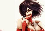  black_hair breasts cleavage esther face_mask fangs hair_over_one_eye large_breasts lips looking_at_viewer mask mask_pull mileena mortal_kombat mortal_kombat_x ninja nose orange_eyes short_hair solo upper_body 