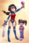  amazon black_hair blue_eyes bow brown_hair dc_comics food hair_ribbon ice_cream lasso multiple_girls ponytail princess ribbon smile sword tiara twintails weapon wonder_woman wonder_woman_(series) 