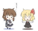  &gt;_&lt; black_dress black_legwear black_skirt blonde_hair bow brown_hair chibi closed_eyes dress fang flying_sweatdrops folded_ponytail hair_bow inazuma_(kantai_collection) kantai_collection long_sleeves moegi_yuu multiple_girls nanodesu_(phrase) neckerchief open_mouth pleated_skirt ponytail red_bow rumia school_uniform serafuku simple_background skirt touhou translated white_background |_| 