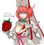  ahoge blue_eyes breasts cleavage clover deep_skin dress elphelt_valentine explosive food four-leaf_clover fruit gloves grenade grenade_pin guilty_gear guilty_gear_xrd hairband hat highres huge_ahoge large_breasts mouth_hold pink_hair short_hair solo spikes strawberry tetsu_(kimuchi) translation_request veil 