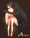 absurdly_long_hair ass bare_back black_hair brown_background from_behind gen_3_pokemon long_hair long_legs looking_back mawile miniskirt mx2j_(nsh6394) no_panties off_shoulder personification pleated_skirt pokemon ponytail red_eyes ribbon-trimmed_skirt ribbon-trimmed_sleeves ribbon_trim sandals simple_background skirt solo tiptoes very_long_hair wide_sleeves 