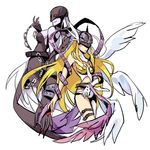  2girls angel angel_and_devil angewomon ass bare_shoulders blonde_hair blush bodysuit breasts demon_girl digimon digimon_adventure grey_hair grey_skin helmet hetero ladydevimon long_hair mooopl multiple_girls red_eyes smile torn_clothes wing winged_helmet wings 