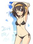  &gt;:) ;) arms_up bikini black_eyes black_hair hairband one_eye_closed orange_hairband short_hair smile solo suzumiya_haruhi suzumiya_haruhi_no_yuuutsu swimsuit taiki_(6240taiki) v-shaped_eyebrows 