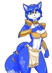  anthro big_breasts black_nose blue_fur breasts canine cleavage clothed clothing female fox fur green_eyes hair kazuhiro krystal loincloth mammal necklace nintendo plain_background smile solo star_fox video_games white_background wide_hips 