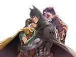  batman batman_(series) black_gloves boy_sandwich cape dc_comics elbow_gloves gloves green_gloves hug hug_from_behind jacket jason_todd leather leather_jacket male_focus mask mozu_suka multiple_boys muscle no_pupils nose robin_(dc) sandwiched superhero 