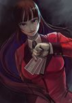  bangs blunt_bangs brown_hair card dutch_angle eyelashes fingernails hair_blowing jabami_yumeko kakegurui kushizukino_ayame lips long_hair looking_at_viewer nail_polish pale_skin playing_card purple_eyes red_eyes red_nails red_pupils red_suit rock_paper_scissors smirk solo straight_hair suit_jacket very_long_hair you_gonna_get_raped 