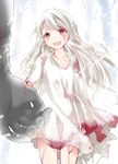  berserker blood blood_on_face bloody_clothes commentary dress empty_eyes fate/stay_night fate_(series) hammer_(sunset_beach) holding_hands illyasviel_von_einzbern long_hair open_mouth red_eyes smile solo_focus white_dress white_hair 