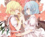  akagashi_hagane bat_wings blonde_hair blue_hair brooch closed_eyes feeding flandre_scarlet floral_background flower food fruit hand_on_another's_hip jewelry multiple_girls pink_flower pink_rose pointy_ears profile puffy_short_sleeves puffy_sleeves remilia_scarlet rose short_hair short_sleeves siblings sisters spoon strawberry striped striped_background touhou wings 