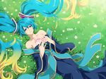  blue_eyes blue_hair character_name flower gradient_hair grass hair_ornament jewelry kakip league_of_legends long_hair lying multicolored_hair solo sona_buvelle twintails 