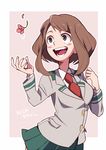  :d blush_stickers boku_no_hero_academia brown_eyes brown_hair flower green_skirt long_sleeves miniskirt necktie open_mouth pleated_skirt school_uniform short_hair sidelocks skirt smile solo u.a._school_uniform uraraka_ochako usagiumi 