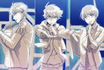  beckoning fuyumi_jun idolmaster idolmaster_side-m jacket male_focus microphone moon_night_no_sei_ni_shite multiple_boys necktie outstretched_arm scarf shiomizu_(shouroku) short_hair smile split_screen taiga_takeru takajou_kyouji 