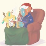  alpacapala ambiguous_gender antlers blanket blush chair christmas clothing cup cute deoxys drink duo eyes_closed hat holidays horn jirachi legendary_pok&eacute;mon mouthless nintendo pok&eacute;mon santa_hat sitting size_difference sweater video_games 